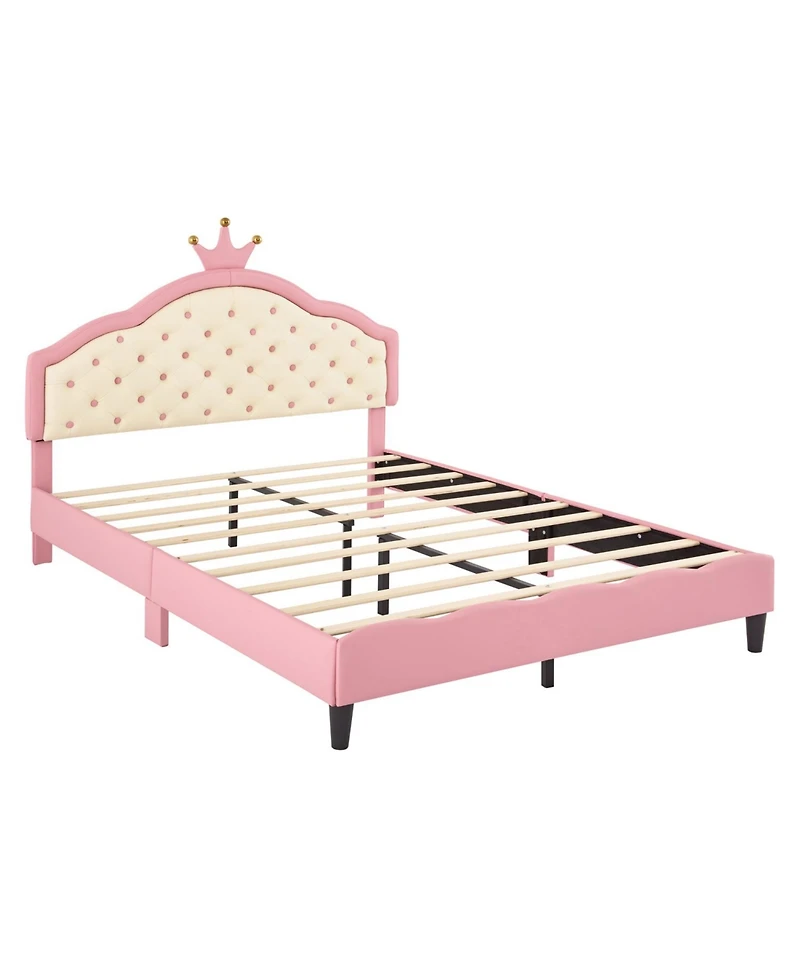 Streamdale Furniture Full Size Lovely Crown Fantasy Pu Leather Princess Bed with Tufted Headboard