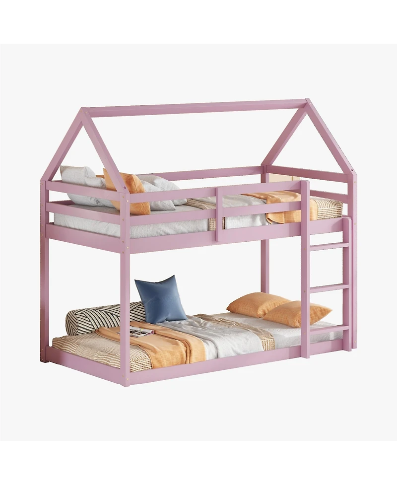 Streamdale Furniture Twin over Twin Rubber Wood Floor Bunk Bed, with ladder,Guardrails,House-Shaped-Bunk Bed