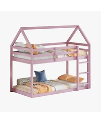 Streamdale Furniture Twin over Twin Rubber Wood Floor Bunk Bed, with ladder,Guardrails,House-Shaped-Bunk Bed