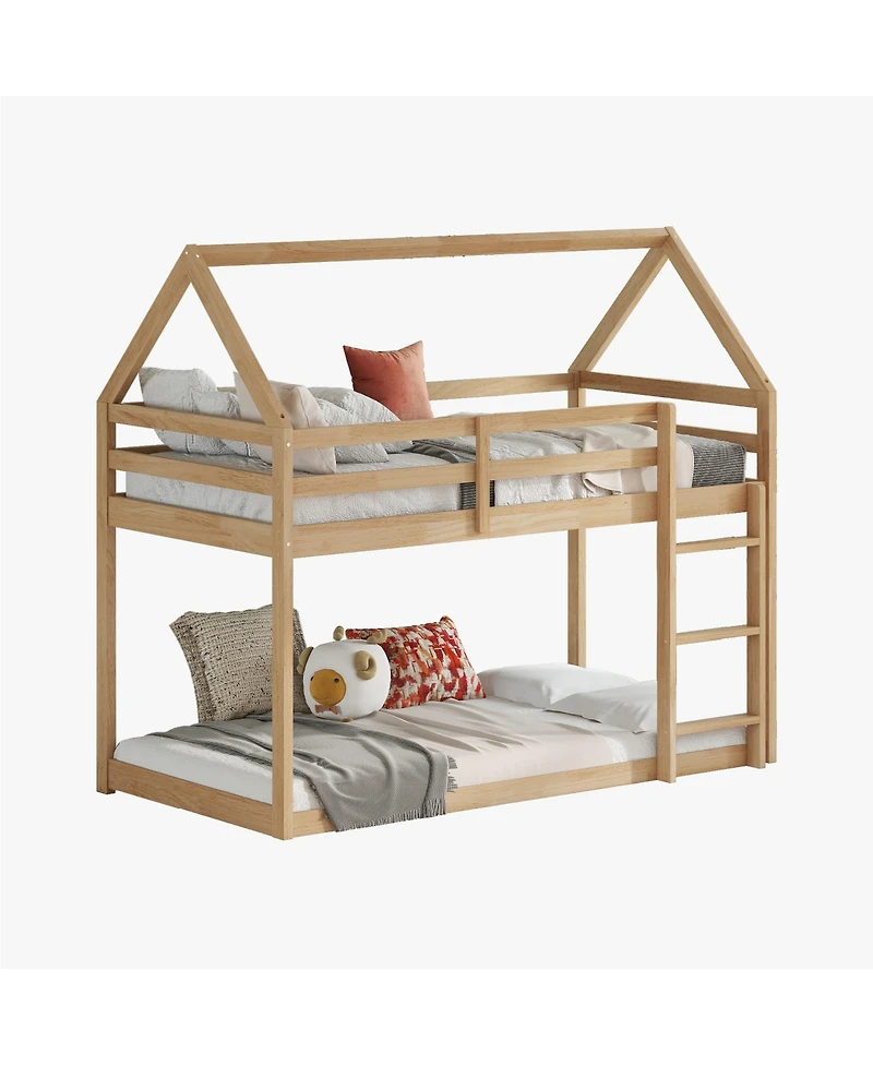 Streamdale Furniture Twin over Twin Rubber Wood Floor Bunk Bed, with ladder,Guardrails,House-Shaped-Bunk Bed,White oak