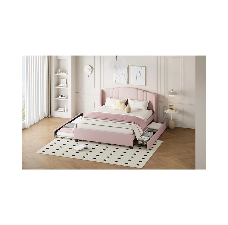 Streamdale Furniture + Queen Upholstered Wingback Headboard, Trundle, Drawers Platform Bed