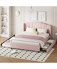 Streamdale Furniture + Queen Upholstered Wingback Headboard, Trundle, Drawers Platform Bed