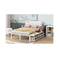 Streamdale Furniture Metal Platform Bed with Two-Tier Storage Shelves, Wooden Cabinet