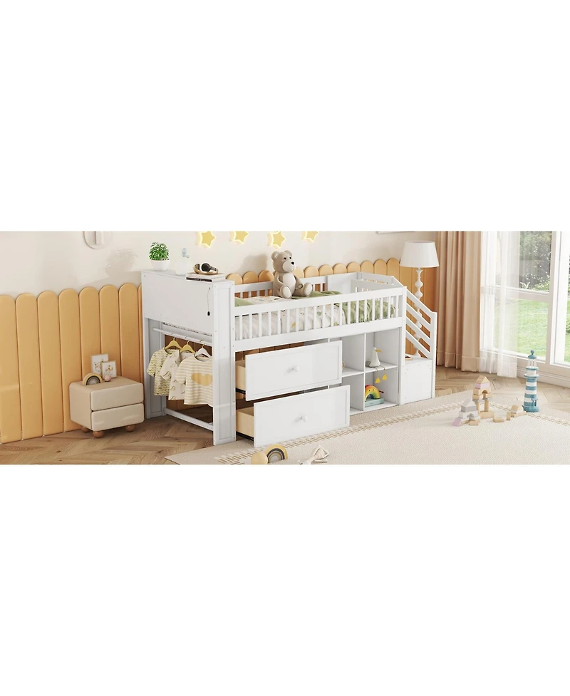 Streamdale Furniture Twin Loft Bed with Led, Bookshelf, Stairs, Drawers, Shelves