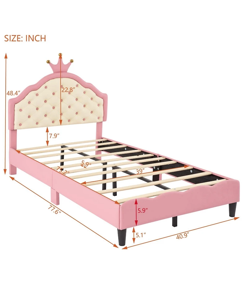 Streamdale Furniture Twin Size Lovely Crown Fantasy Pu Leather Princess Bed with Tufted Headboard, Pink+Cream