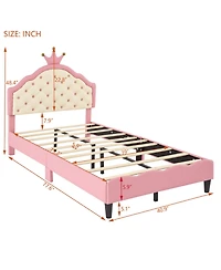 Streamdale Furniture Twin Size Lovely Crown Fantasy Pu Leather Princess Bed with Tufted Headboard, Pink+Cream