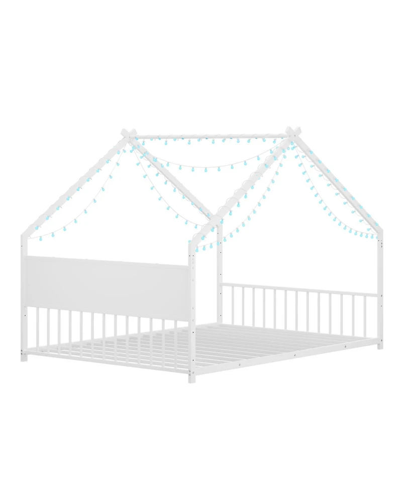 Streamdale Furniture Kids House Bed with Roof and Lights, Metal Frame