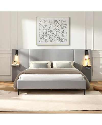 Streamdale Furniture Chic Linen Upholstered Bed with Integrated Lights and Shelves Queen