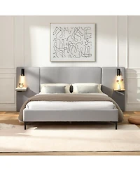 Streamdale Furniture Chic Linen Upholstered Bed with Integrated Lights and Shelves Queen