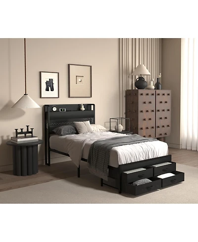 Streamdale Furniture Twin Bed Frame with Storage Black Metal Platform