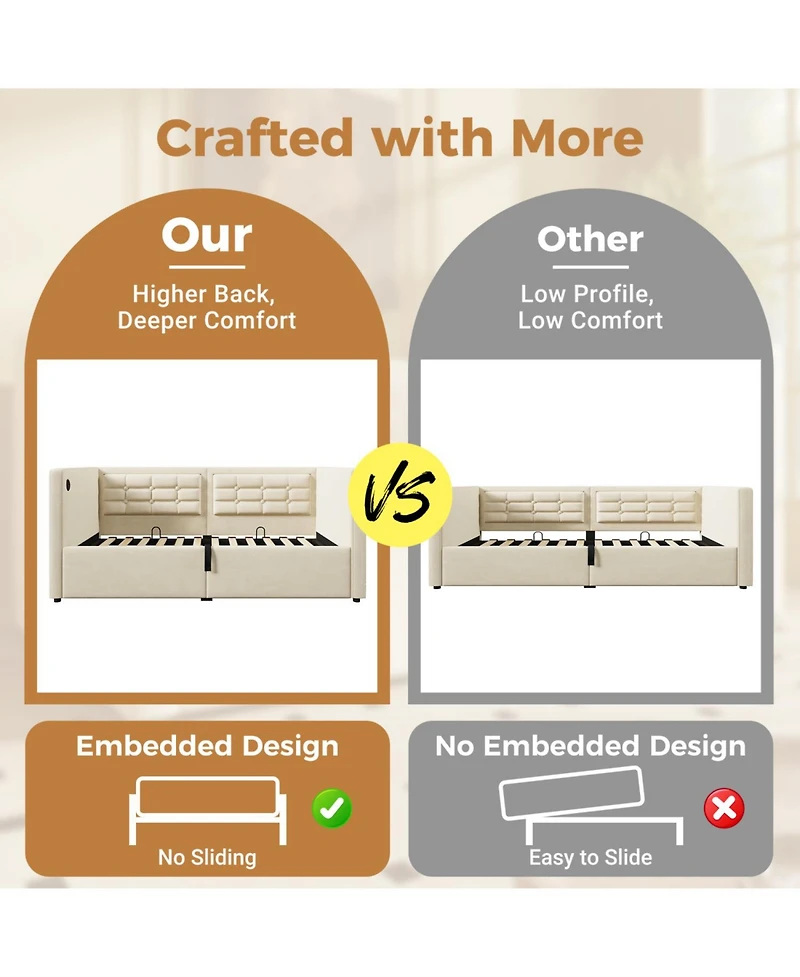 Streamdale Furniture Upholstered Twin Daybed with Hydraulic Storage, Usb Charging, Tufted Back, Beige Velvet