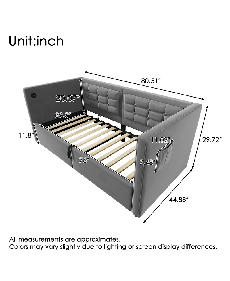 Streamdale Furniture Upholstered Twin Daybed with Hydraulic Storage, Usb Charging, Tufted Back, Gray Velvet