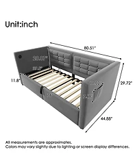 Streamdale Furniture Upholstered Twin Daybed with Hydraulic Storage, Usb Charging, Tufted Back, Gray Velvet