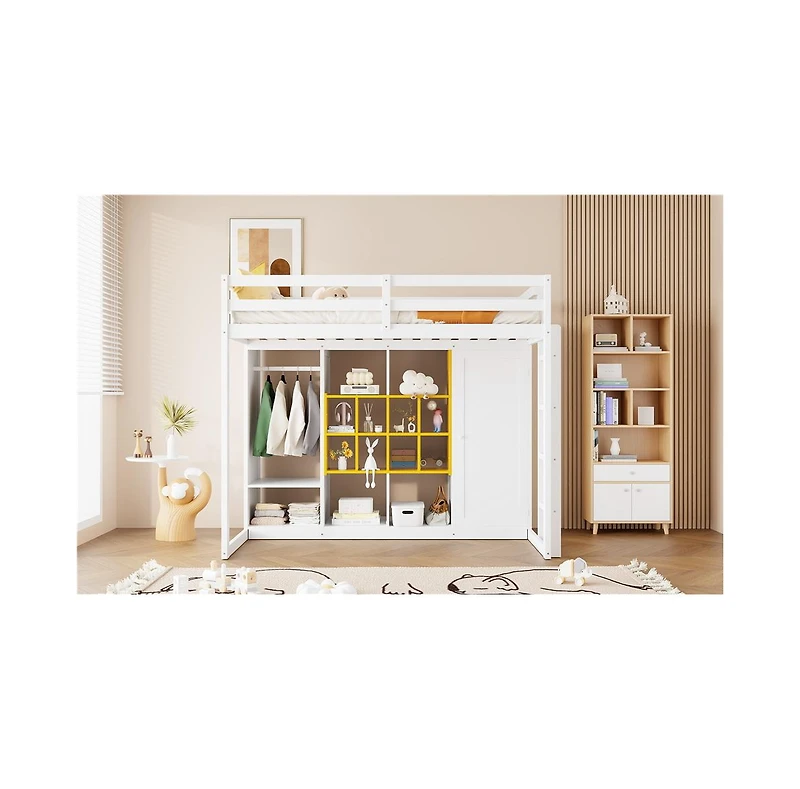 Streamdale Furniture Twin Size Wood Loft Bed with Wardrobe, shelves and Cabinet