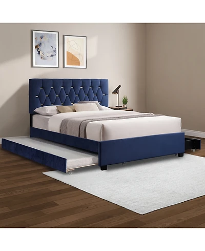 Streamdale Furniture Queen Velvet Bed with Trundle & Storage - Blue