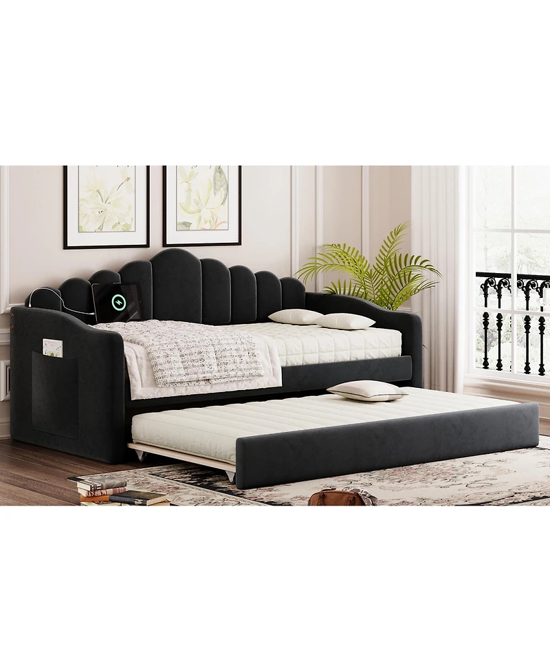 Streamdale Furniture Streamdale Twin Velvet Daybed with Trundle & Usb