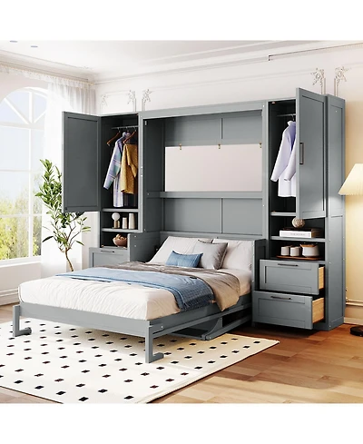 Streamdale Furniture Full Size Murphy Bed Wall Bed with Closet ,Drawers and Shelves, Gray