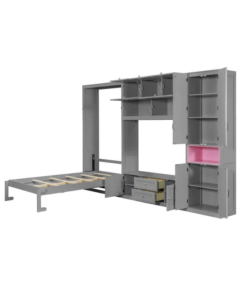 Streamdale Furniture Twin Gray Wooden Murphy Bed with Tv Stand, Drawers & Shelves