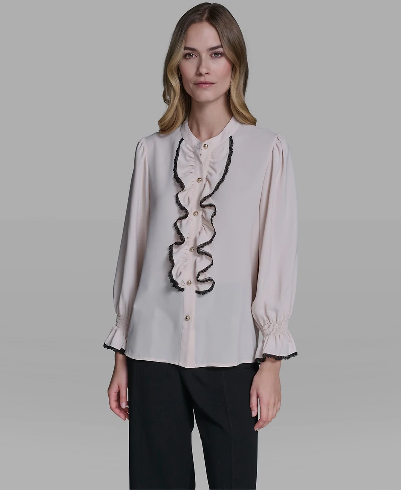 Karl Lagerfeld Paris Women's Ruffle Lace Trim Long-Sleeve Blouse