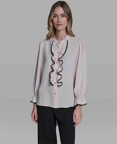Karl Lagerfeld Paris Women's Ruffle Lace Trim Long-Sleeve Blouse
