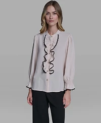 Karl Lagerfeld Paris Women's Ruffle Lace Trim Long-Sleeve Blouse