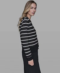 Karl Lagerfeld Paris Women's Pointelle Stripe V-Neck Cardigan Sweater