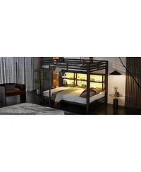 Streamdale Furniture Metal Queen over Queen Bunk Bed with Storage Cabinets and Led