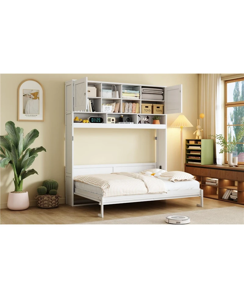 Streamdale Furniture Queen Size Wall Murphy Bed with Ample Storage Space and Chevron Stripes, White