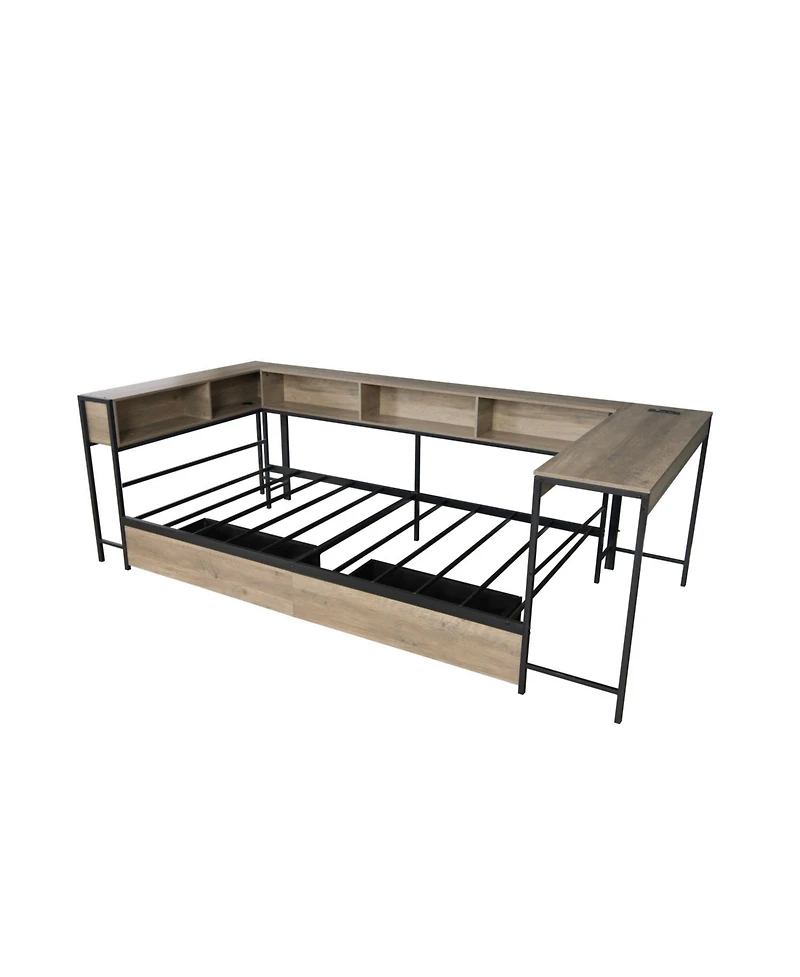 Streamdale Furniture Corner Bed Frame Twin with Bookcase, Drawers, Led, Charging, Grey