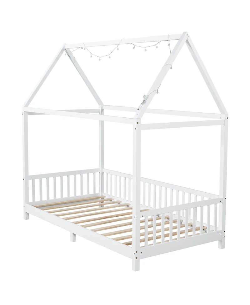 Streamdale Furniture Wood Twin Size House Bed with Guardrail and Led