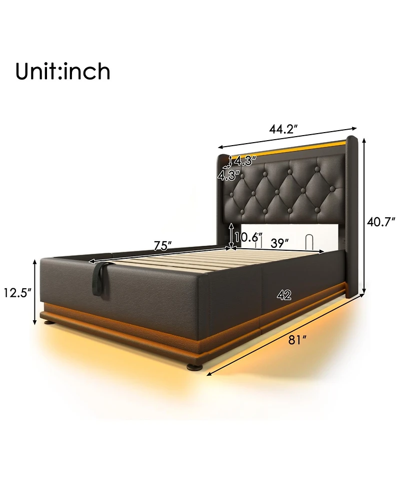 Streamdale Furniture Twin-Size Upholstered Led Bed with Hydraulic Storage