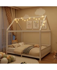 Streamdale Wood Full Size House Bed with Guardrail and Led, White