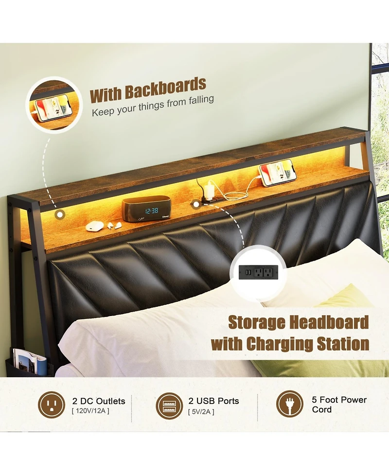 Streamdale Furniture Platform Bed Frame with Led Headboard and Charging Station