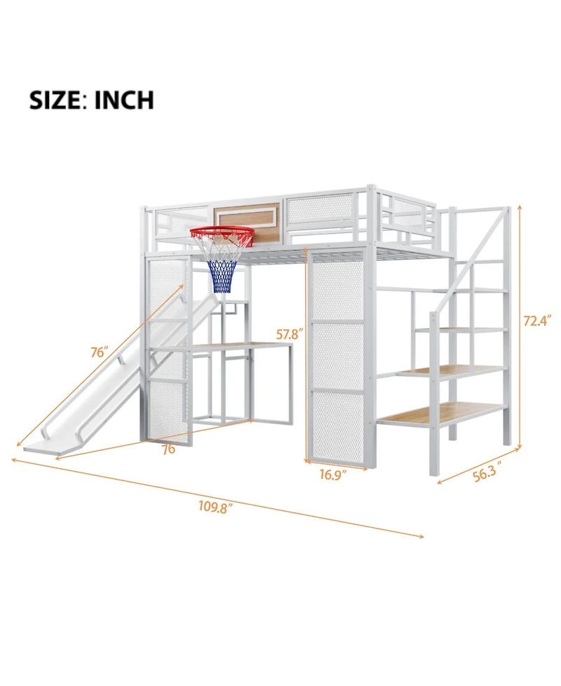 Streamdale Furniture Metal Loft Bed with Desk, Wardrobe, Slide & Stairs