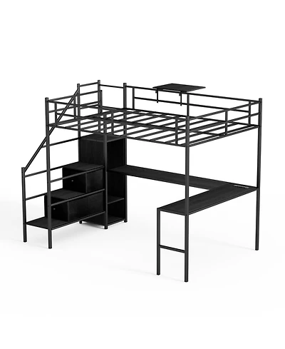 Streamdale Furniture Full Loft Bed w/ Desk, Led, Charging, Wardrobe & Drawers