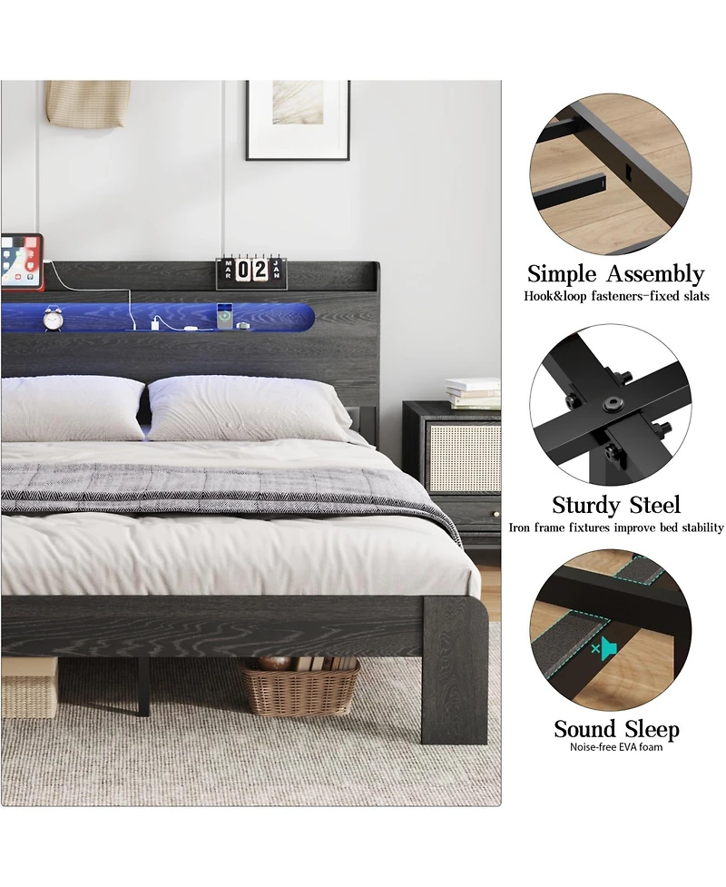 Streamdale Furniture King Wood Bed Frame Led Usb Storage