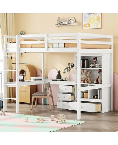 Streamdale Furniture Loft Bed with Desk, Shelves, Drawers & Guardrails