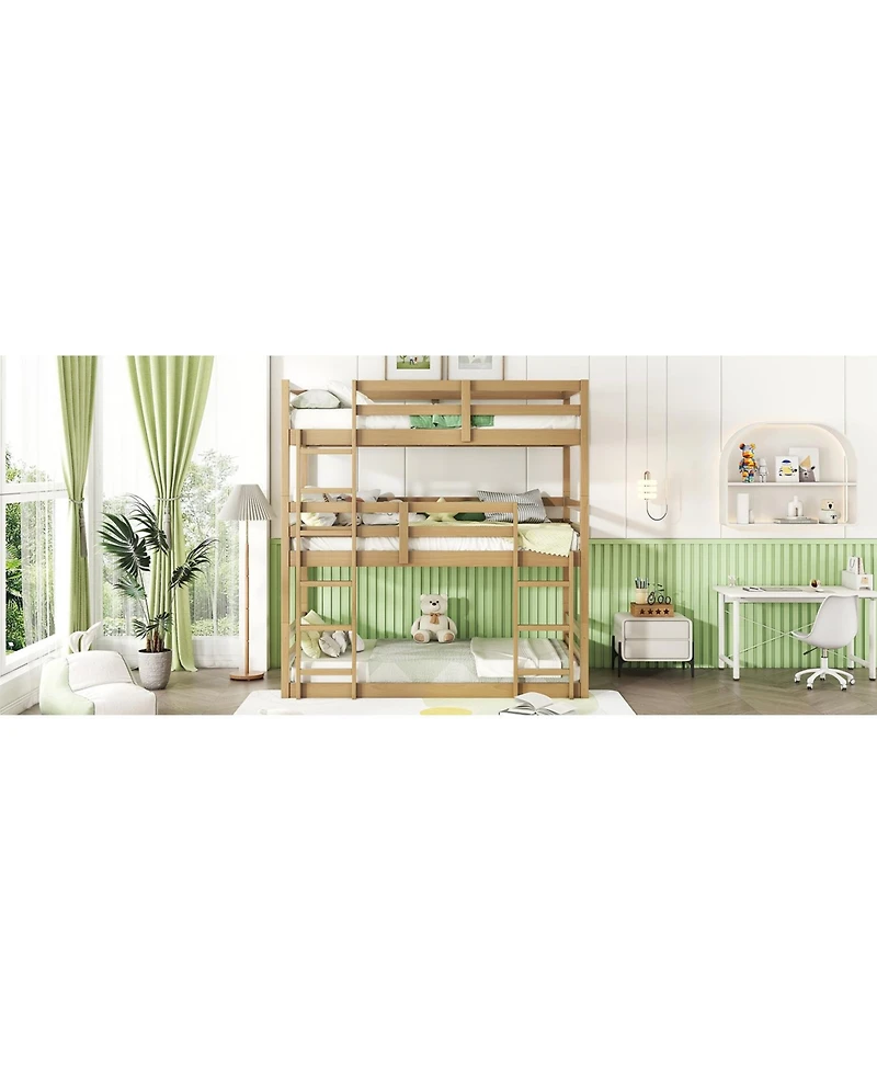 Streamdale Furniture Streamdale Triple Twin Oak Bunk Bed with Guardrails and Ladders