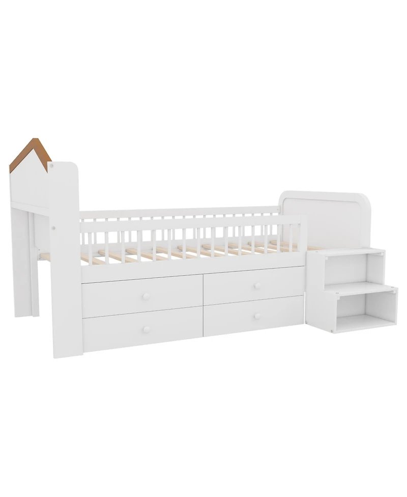 Streamdale Furniture Streamdale Low Loft Bed with Led Lights, Wooden Twin Loft Bed with House Shape Headboard, Kids Loft Bed with Storage Drawers