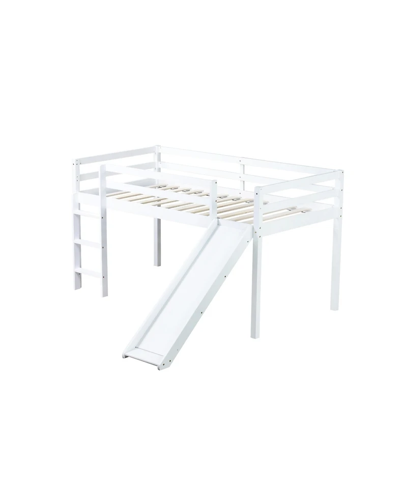 Streamdale Furniture Twin Low Loft Bed with Slide, Ladder, Safety Guardrails, Rubber Wood Twin Loft Bed,White