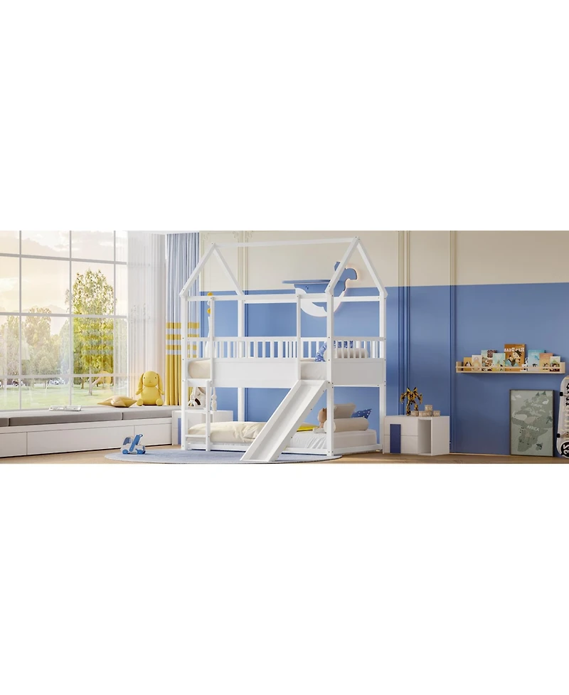 Streamdale Furniture Twin Over Twin Wood Bunk Bed with Convertible Slide, Ladder & Safety Guardrail