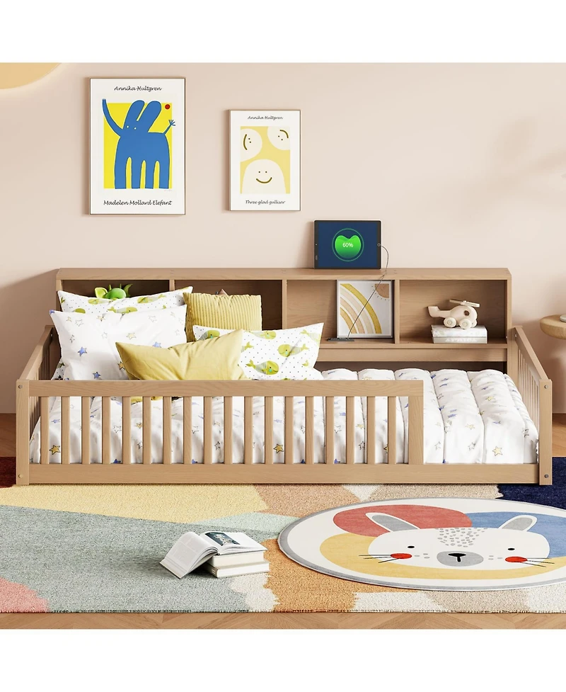 Streamdale Furniture Wood Twin Xl Floor Bed with Storage Cabinets and Usb Ports