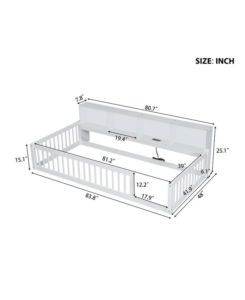 Streamdale Furniture Wood Twin Xl Floor Bed with Storage Cabinets and Usb Ports