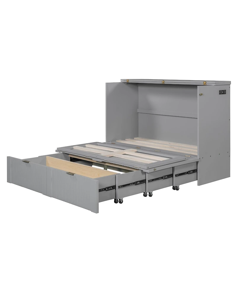 Streamdale Furniture Full Murphy Bed with drawer and a set of Sockets & Usb Ports, Pulley Structure Design, White