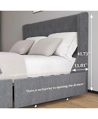 Streamdale Furniture Dark Grey Button Tufted Wingback Bed Frame with 4 Drawers