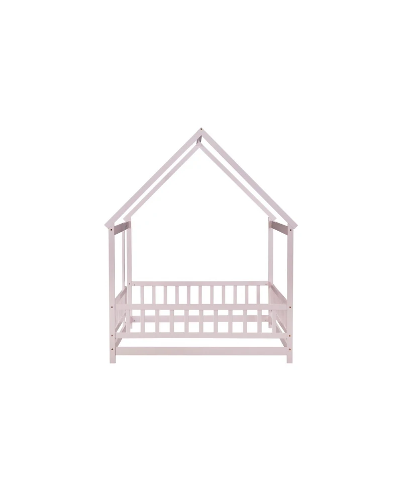 Streamdale Furniture Full Size House Floor Wooden Bed with Roof Frame Safety Guardrails