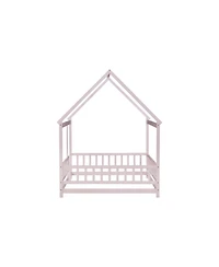 Streamdale Furniture Full Size House Floor Wooden Bed with Roof Frame Safety Guardrails
