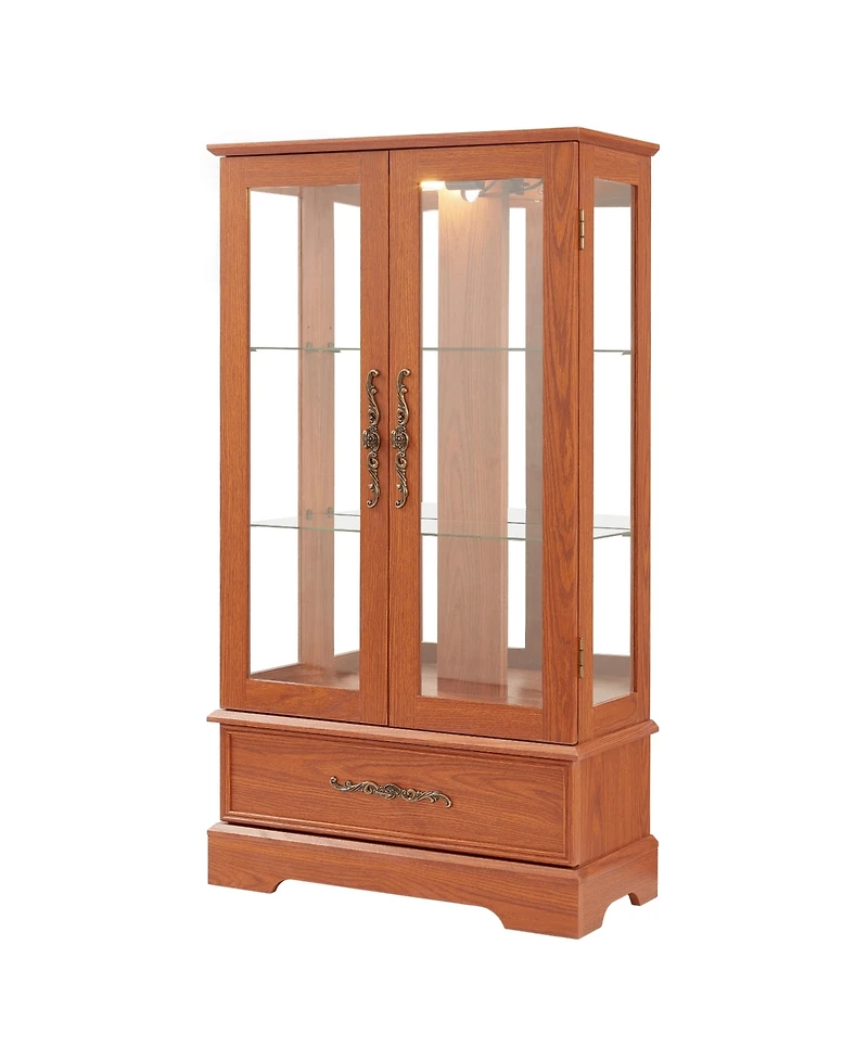 Streamdale Furniture Oak Lighted Glass Curio Cabinet with Adjustable Shelves