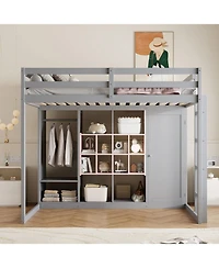 Streamdale Furniture Full Size Wood Loft Bed with Wardrobe, shelves and Cabinet, Gray+Pink
