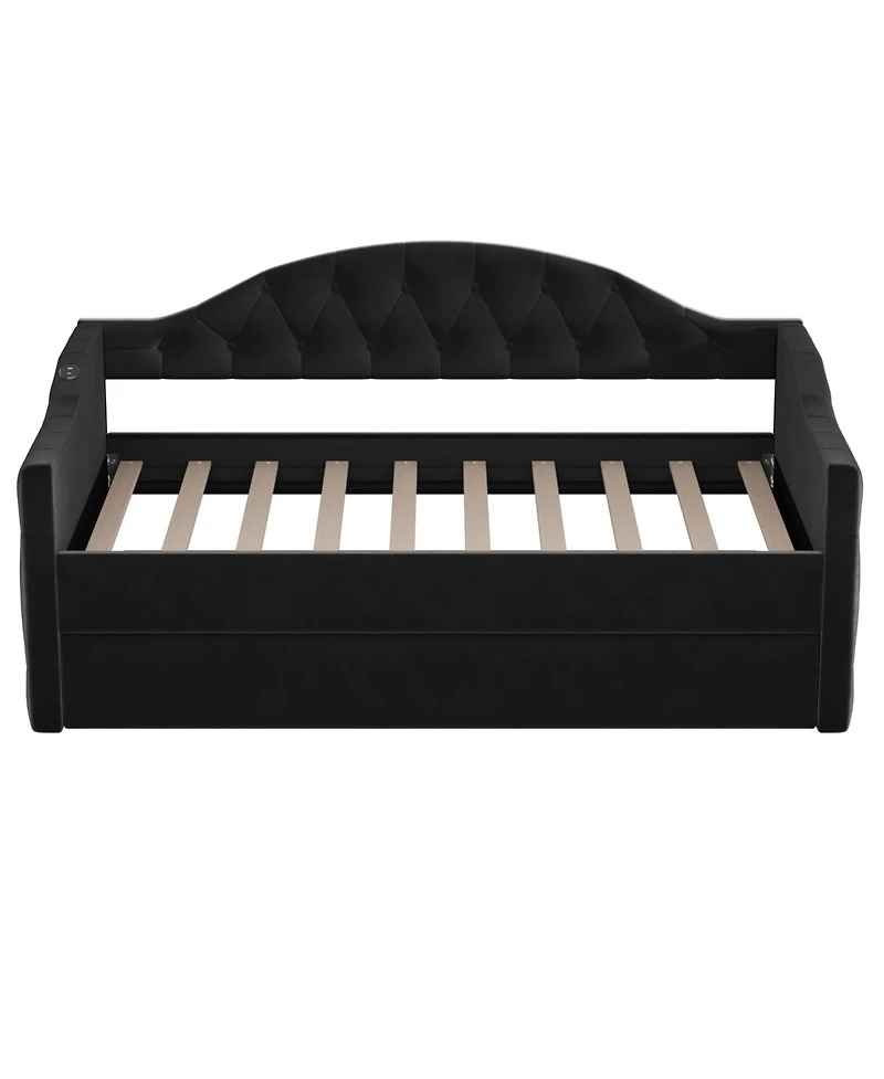 Streamdale Furniture Twin Tufted Velvet Daybed with Trundle, Usb Ports, Black